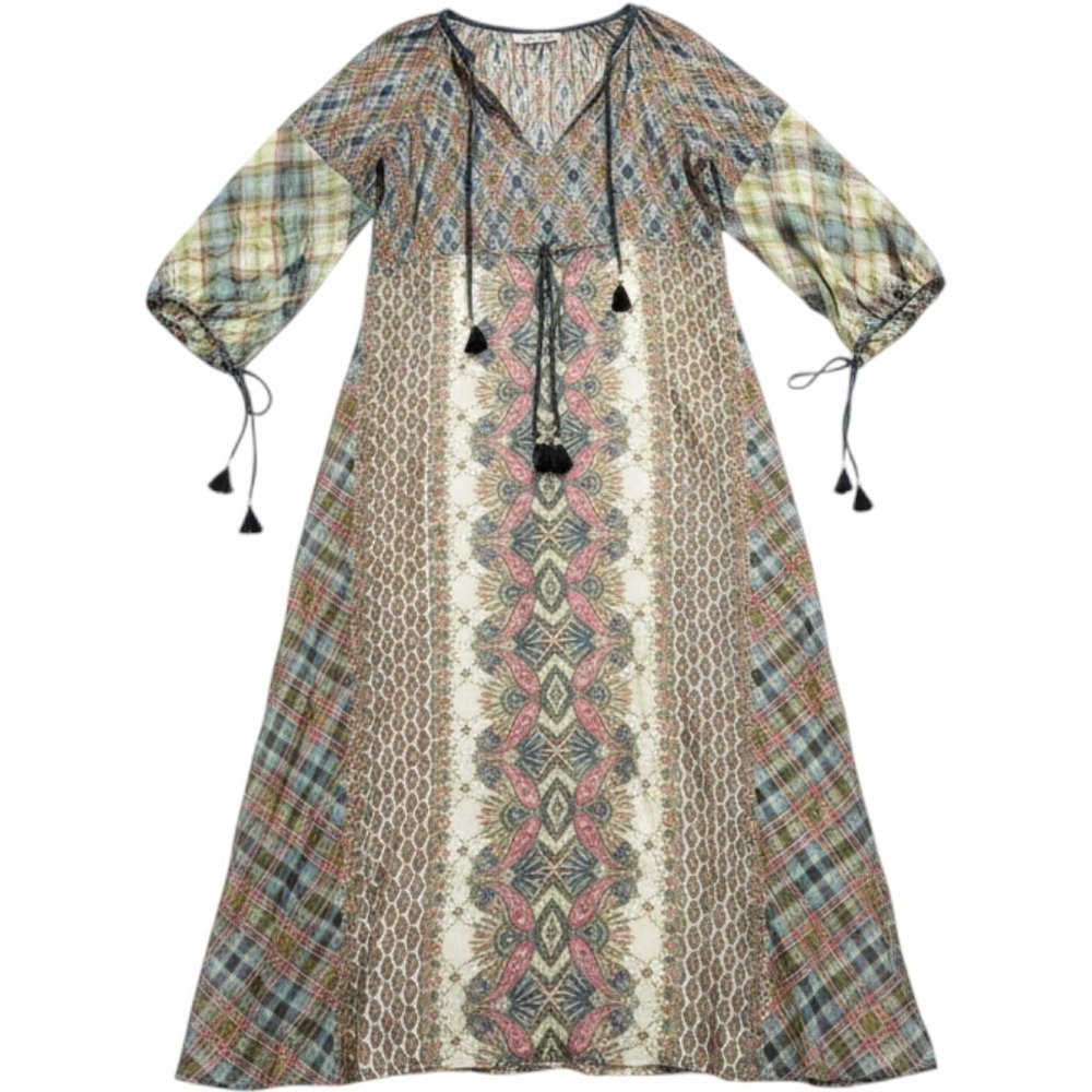 D'Ascoli Pastel Boho Caftan Maxi Dress Paisley Plaid Block Print Cotton S